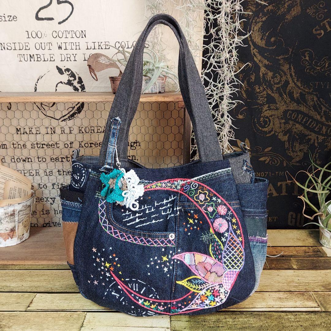 【蘭太郎】刺繍デニムバック　No.666　デニムリメイク　刺繍バック