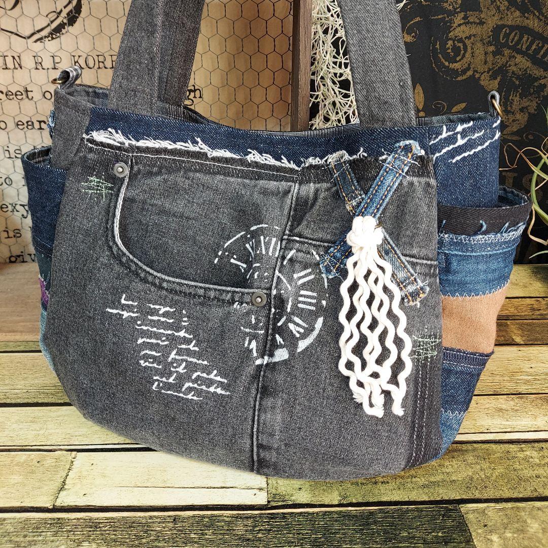 【蘭太郎】刺繍デニムバック　No.666　デニムリメイク　刺繍バック