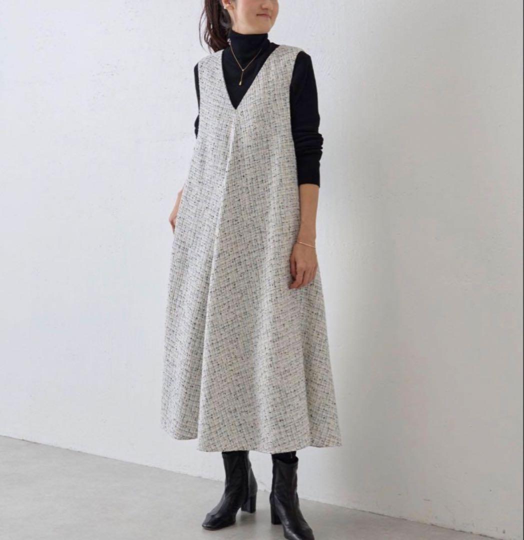 BEARDSLEY ビアズリー ツイードフレアワンピース 白 サイズS