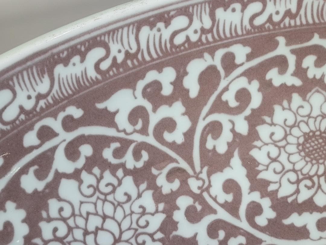 中国美術 釉裏紅 纏枝蓮花 双魚紋 大碗 DT471