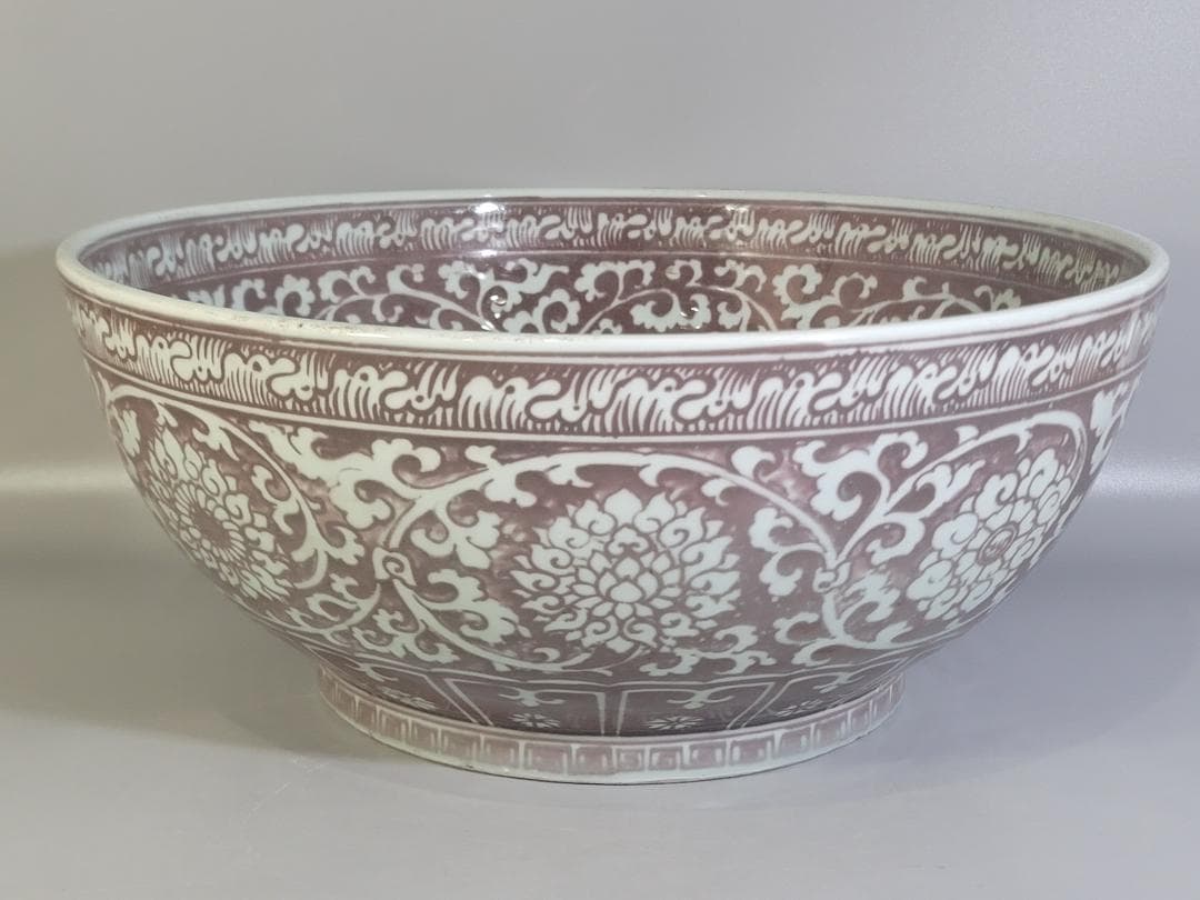 中国美術 釉裏紅 纏枝蓮花 双魚紋 大碗 DT471