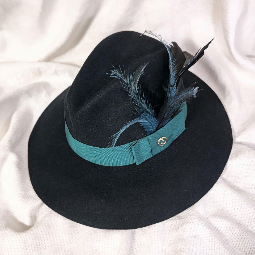 グッチGUCCIラビットファーロングブリム羽根つき中折れハット帽子Lブラック黒