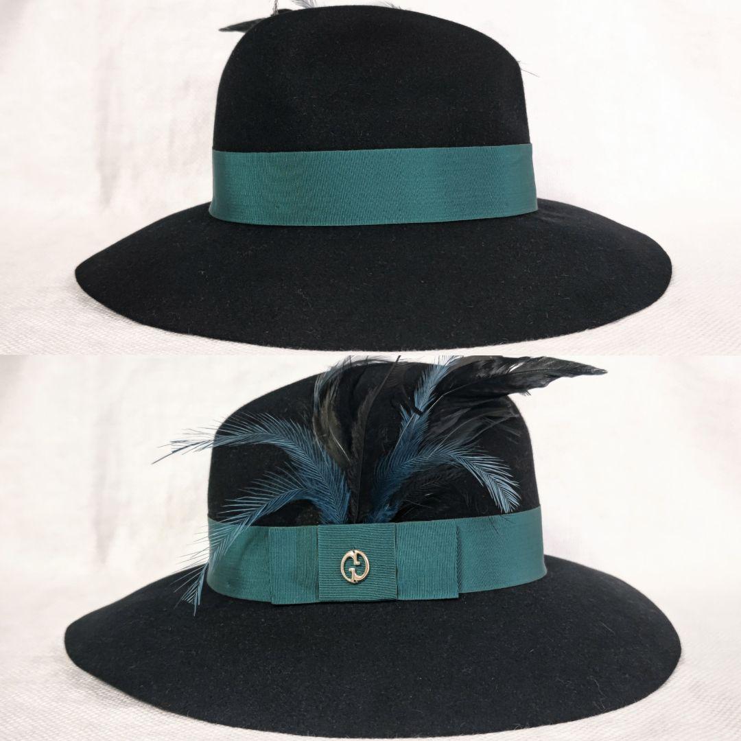 グッチGUCCIラビットファーロングブリム羽根つき中折れハット帽子Lブラック黒