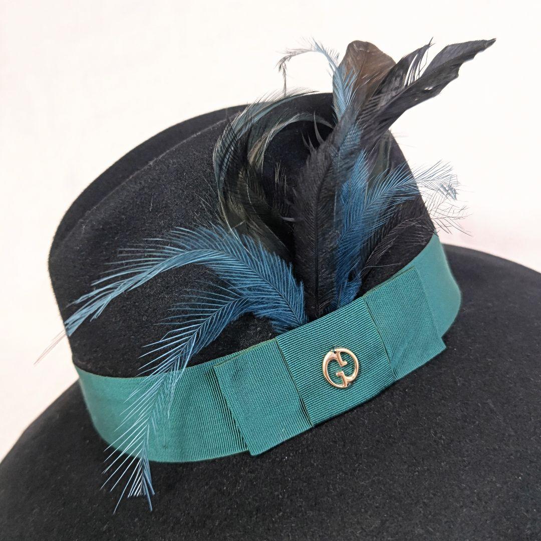 グッチGUCCIラビットファーロングブリム羽根つき中折れハット帽子Lブラック黒