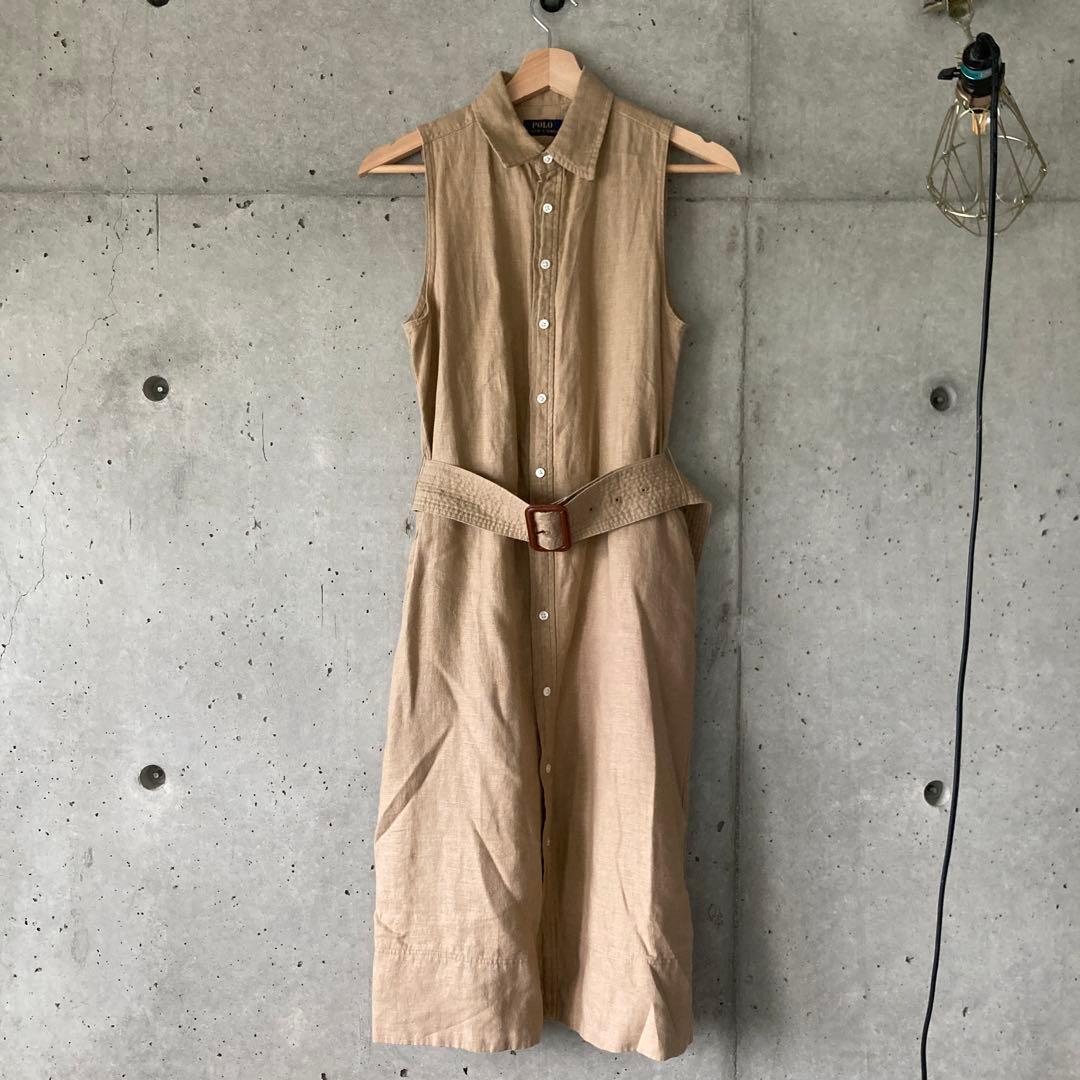 ベージュ ノースリーブシャツワンピース ウエストベルト付き