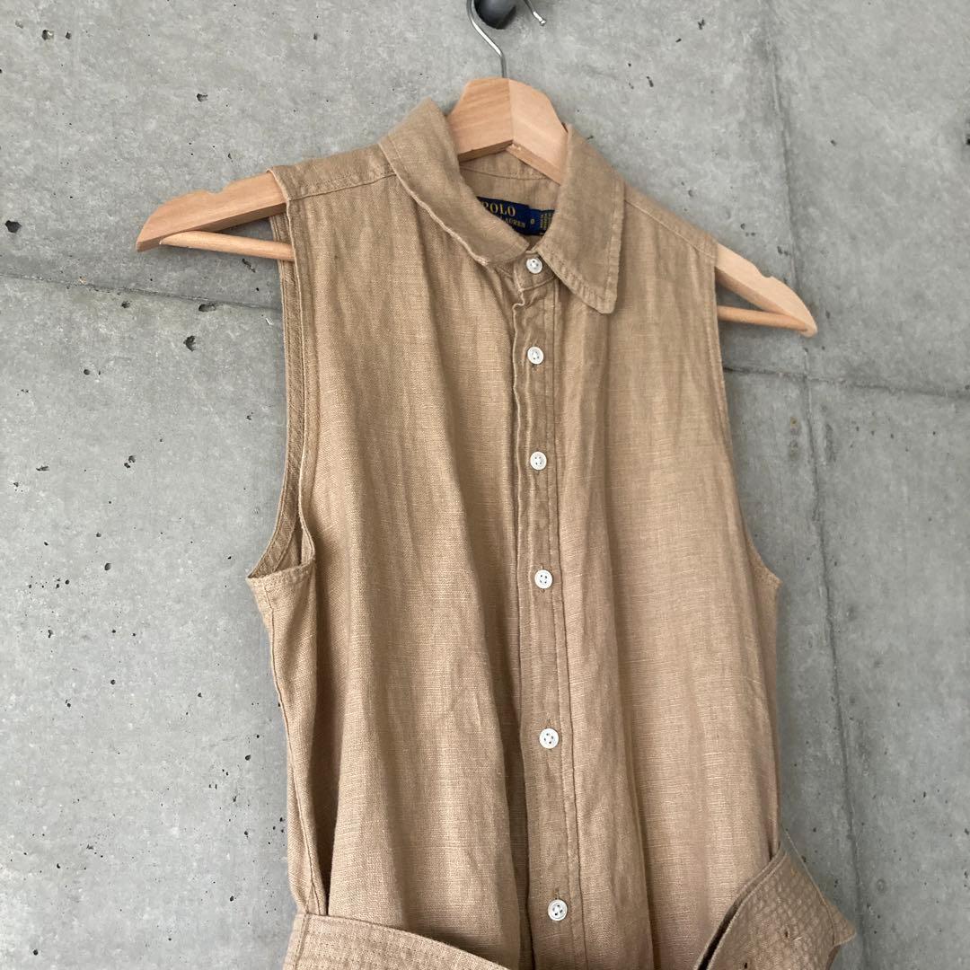 ベージュ ノースリーブシャツワンピース ウエストベルト付き