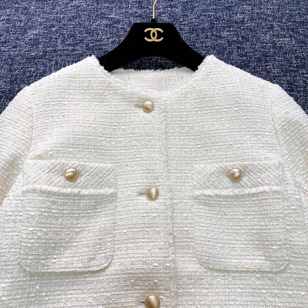 エニィスィス　24AW ツイードノーカラーミドル ジャケット　金ボタン　M