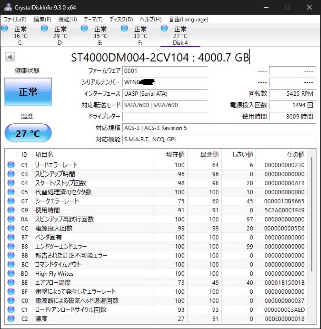 Seagate 4TB HDD ST4000DM004【使用8000時間】
