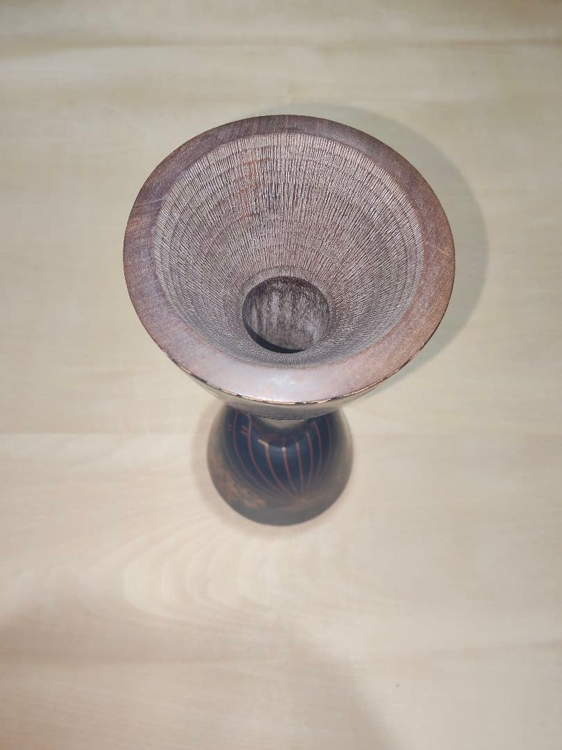 市岡 小鼓の胴 朱で扇子と萩の図柄 鉋目あり