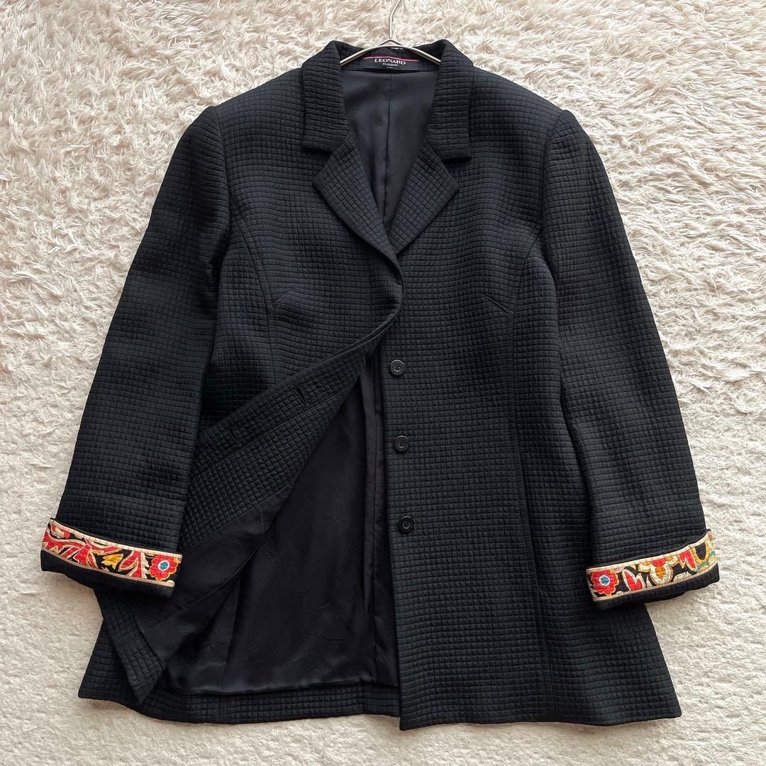 美品 レオナール テーラードジャケット トリム ウール シルク 大きいサイズXL