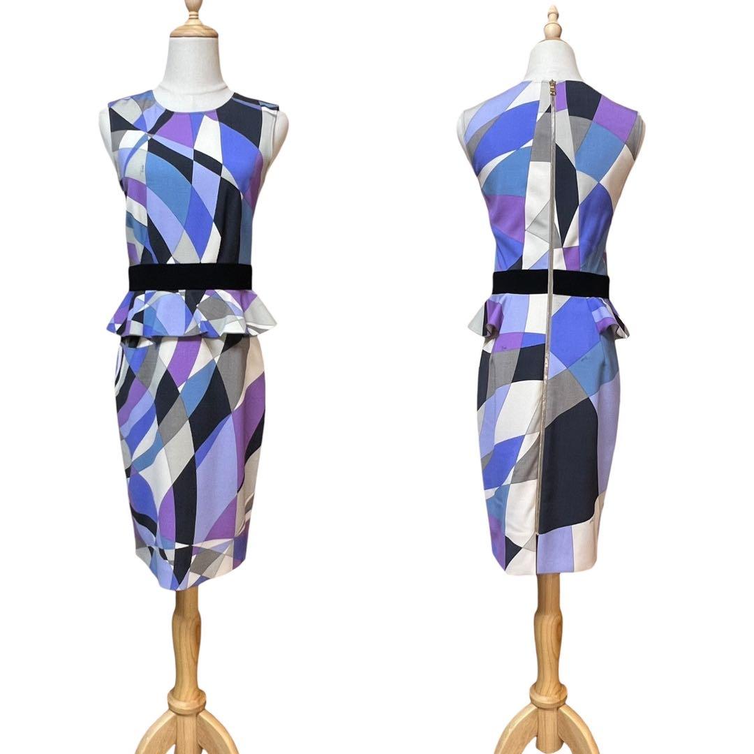 美品【エミリオプッチ】ウールウエストフリルノースリーブワンピース☆幾何学柄☆L