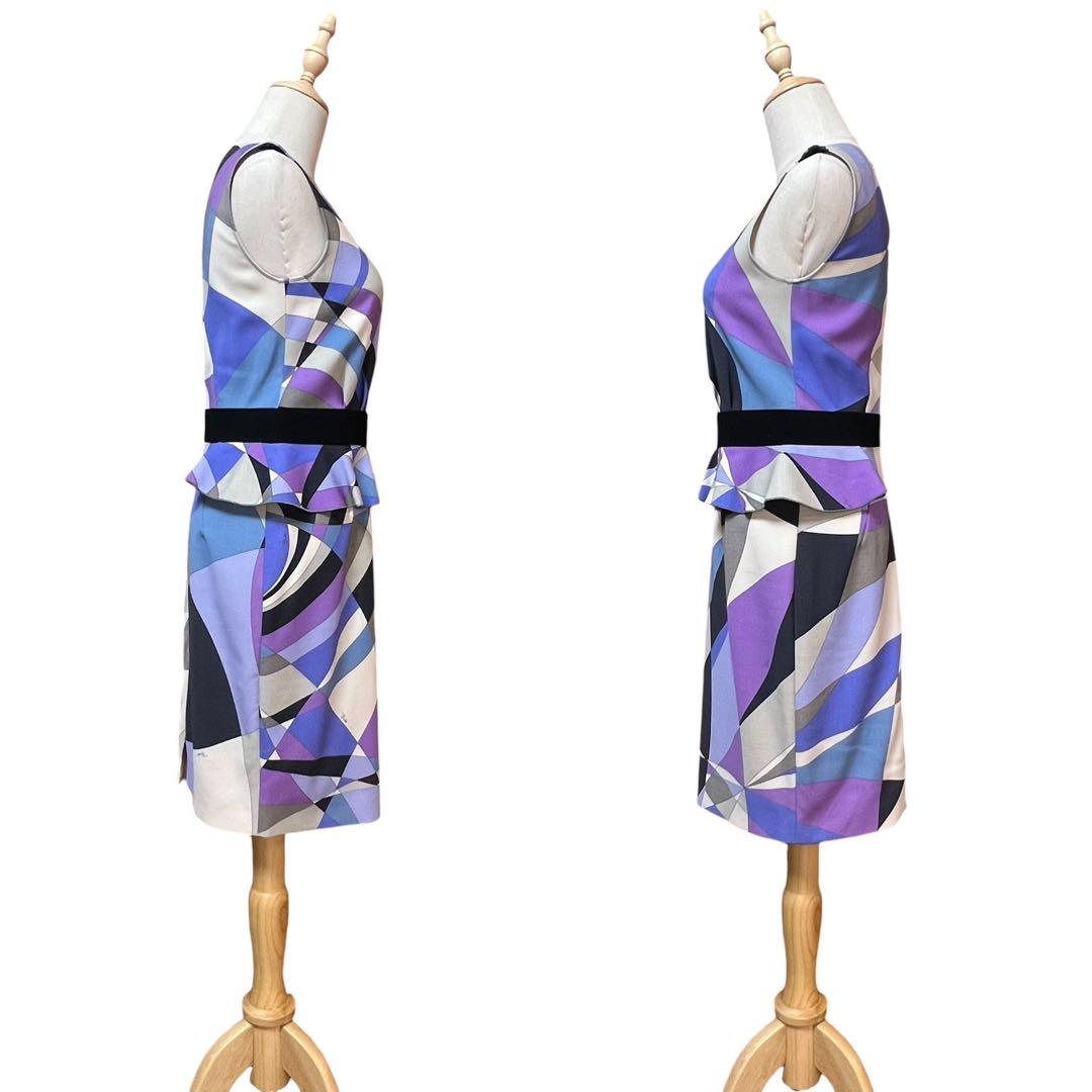 美品【エミリオプッチ】ウールウエストフリルノースリーブワンピース☆幾何学柄☆L