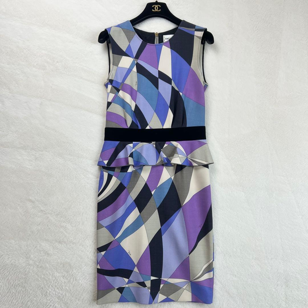 美品【エミリオプッチ】ウールウエストフリルノースリーブワンピース☆幾何学柄☆L