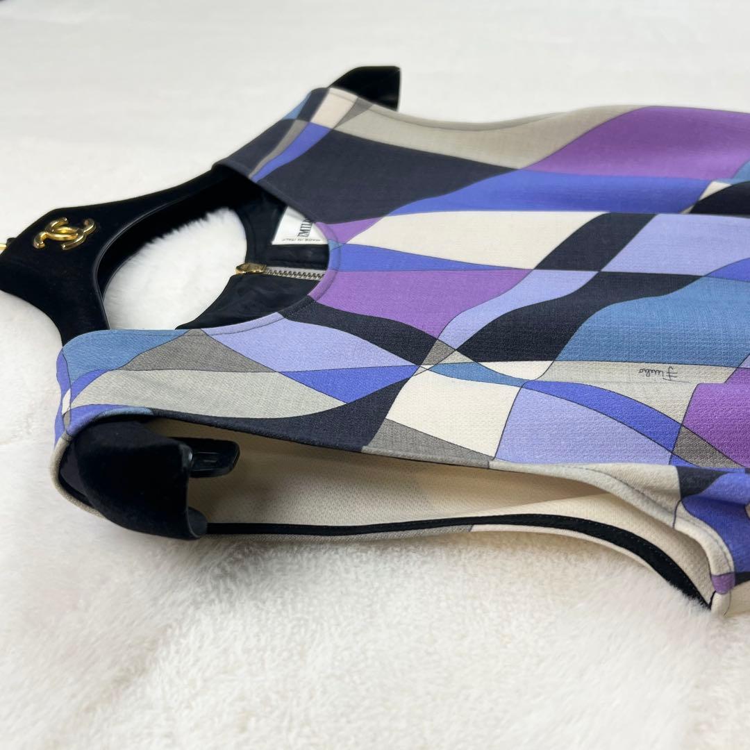 美品【エミリオプッチ】ウールウエストフリルノースリーブワンピース☆幾何学柄☆L