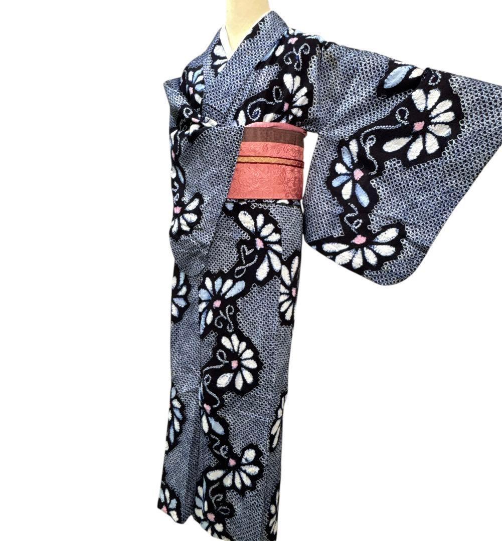 A73有松鳴海絞り 高級浴衣 花 綿　夏着物