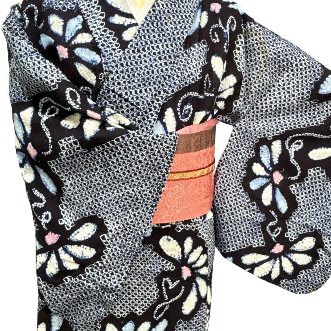 A73有松鳴海絞り 高級浴衣 花 綿　夏着物