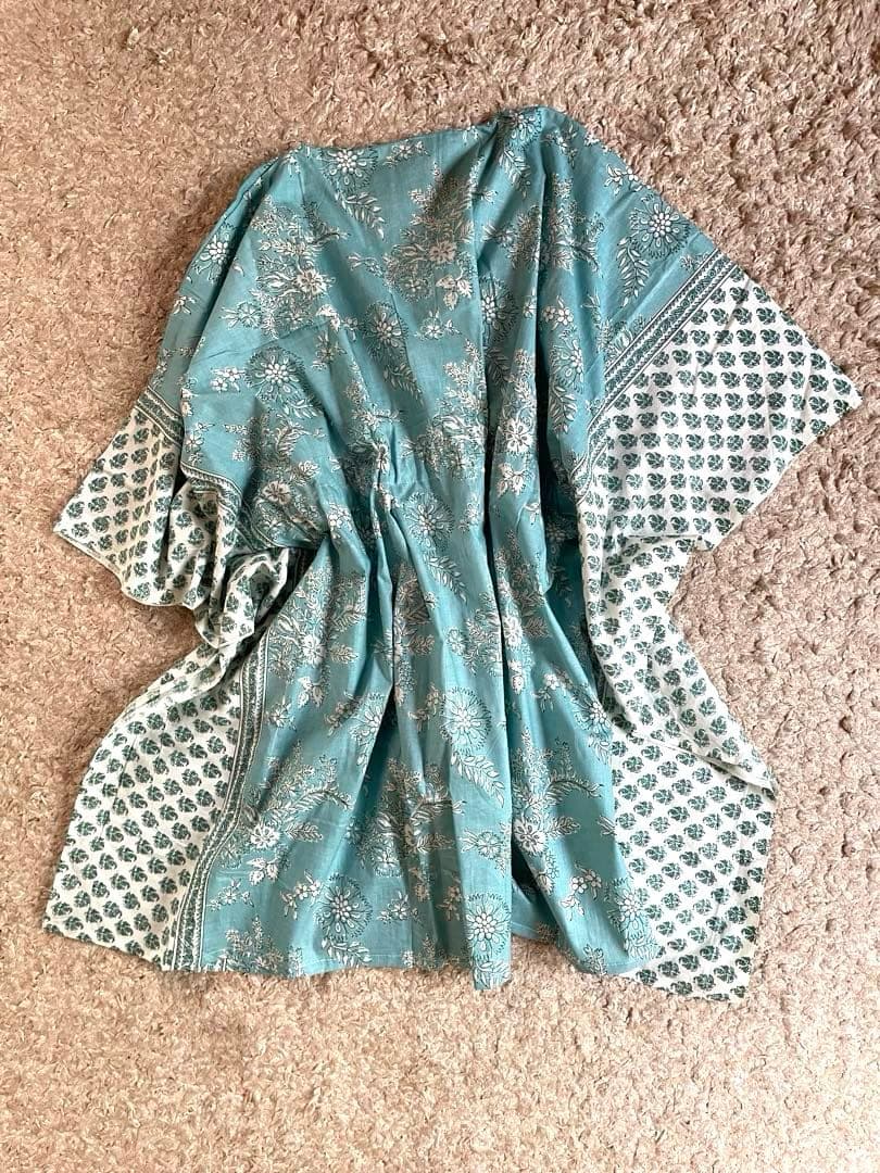 リーフs様　　ショートカフタン　チュニック　くすみターコイズブルー