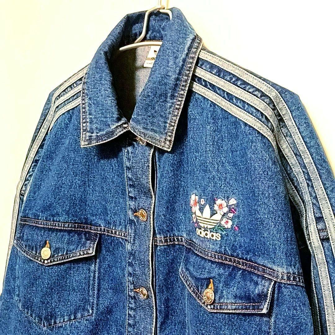 【美品★2XL】アディダス　花柄　刺繍　短丈　デニムジャケット　Y2K