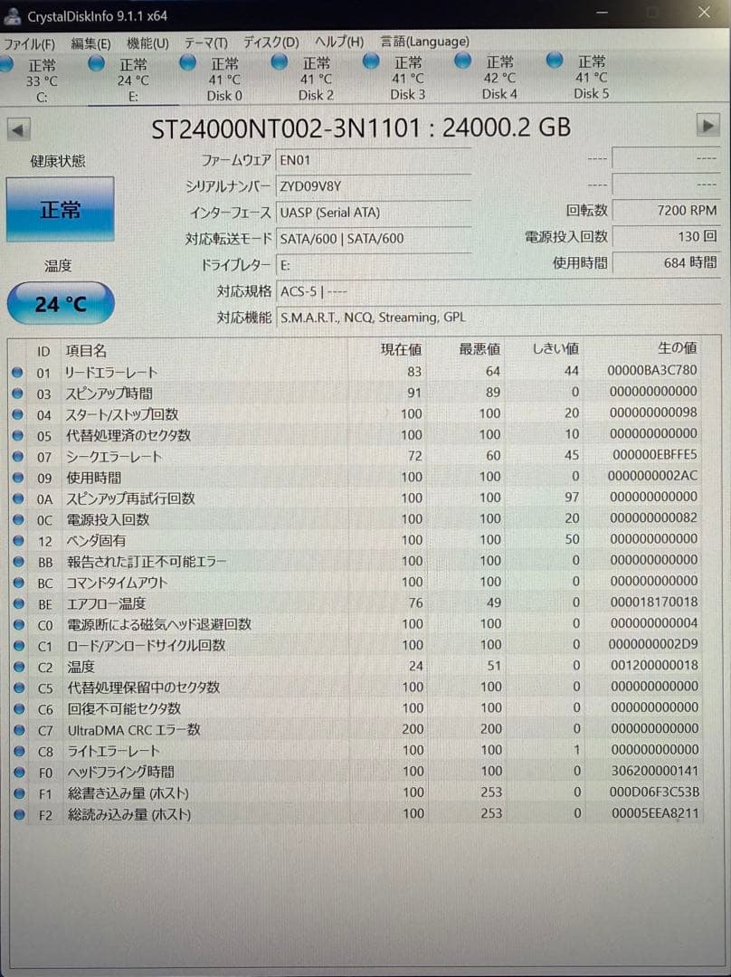 Seagate IronWolf Pro 24TB 稼働684h 動作良好