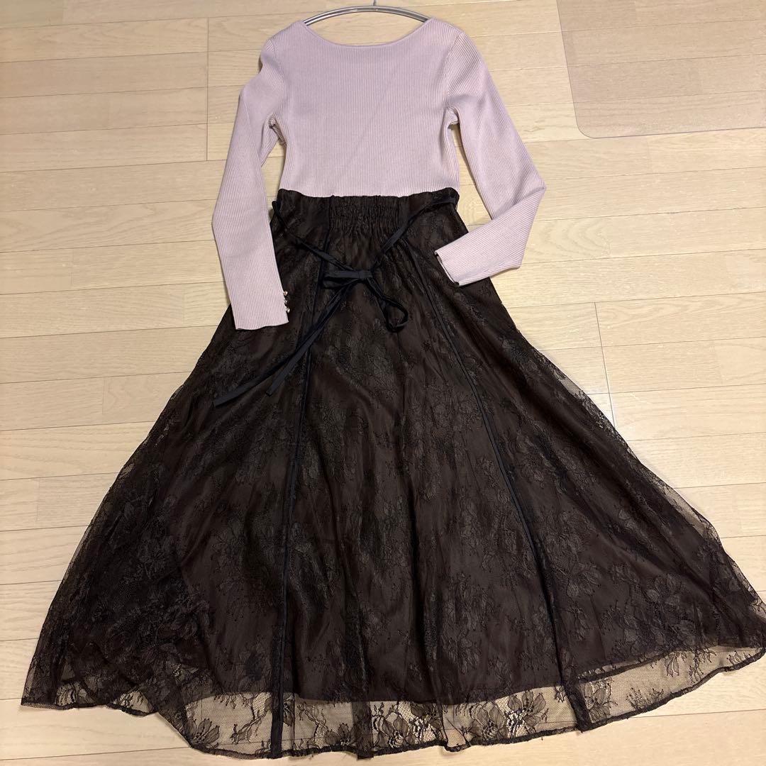 【美品】apuweiser-riche華奢レースドッキングニットワンピース