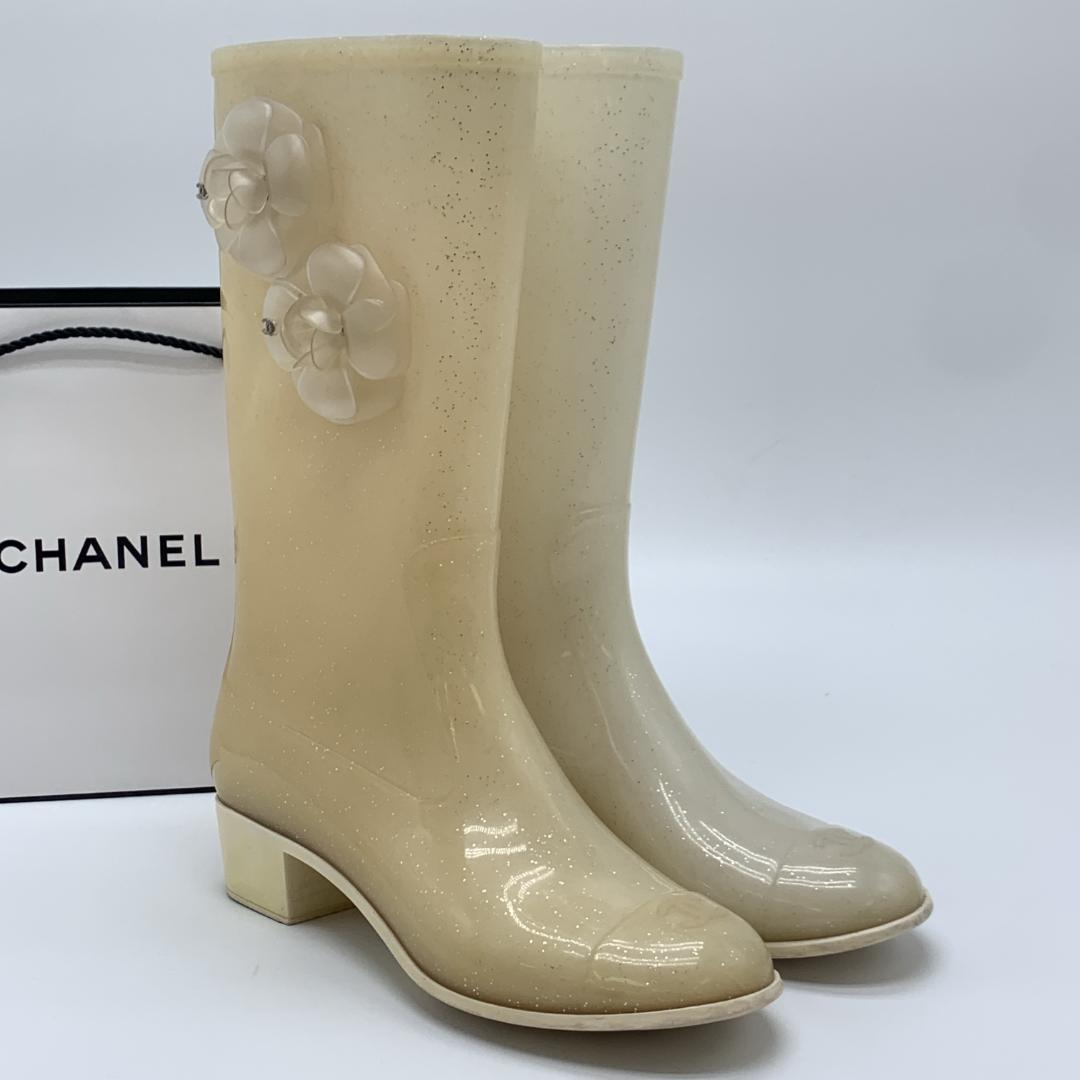 シャネル カメリア装飾 ココマーク ラメ レインブーツ サイズ39 ホワイト