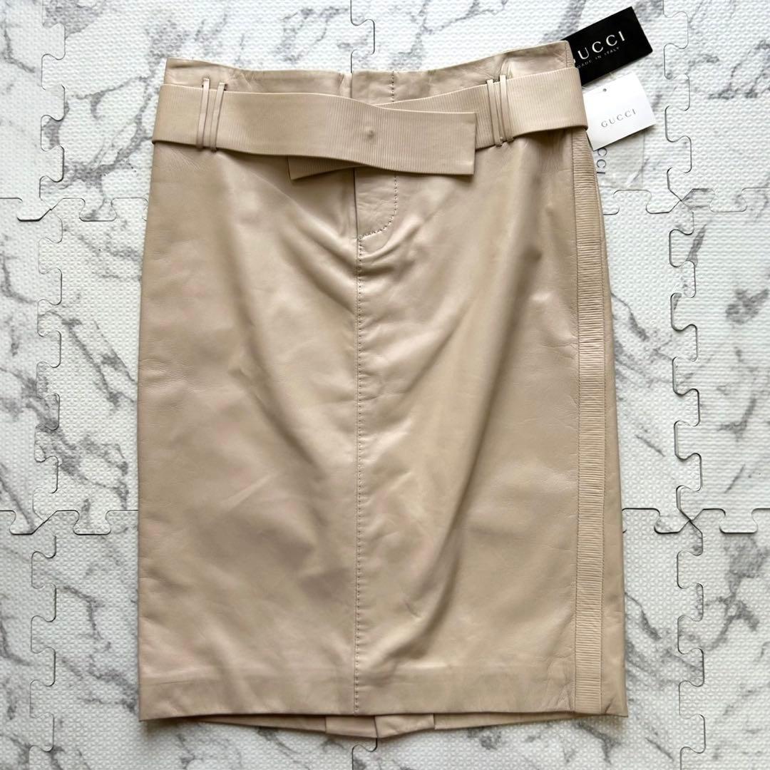 未使用タグ付け◎GUCCI グッチ ラムレザー スカート ベルト付き ベージュ