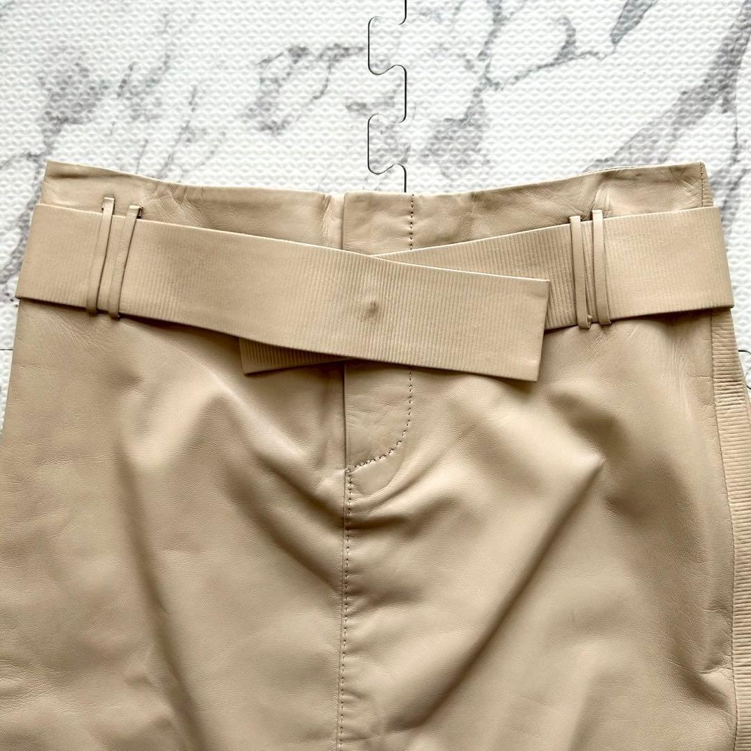 未使用タグ付け◎GUCCI グッチ ラムレザー スカート ベルト付き ベージュ