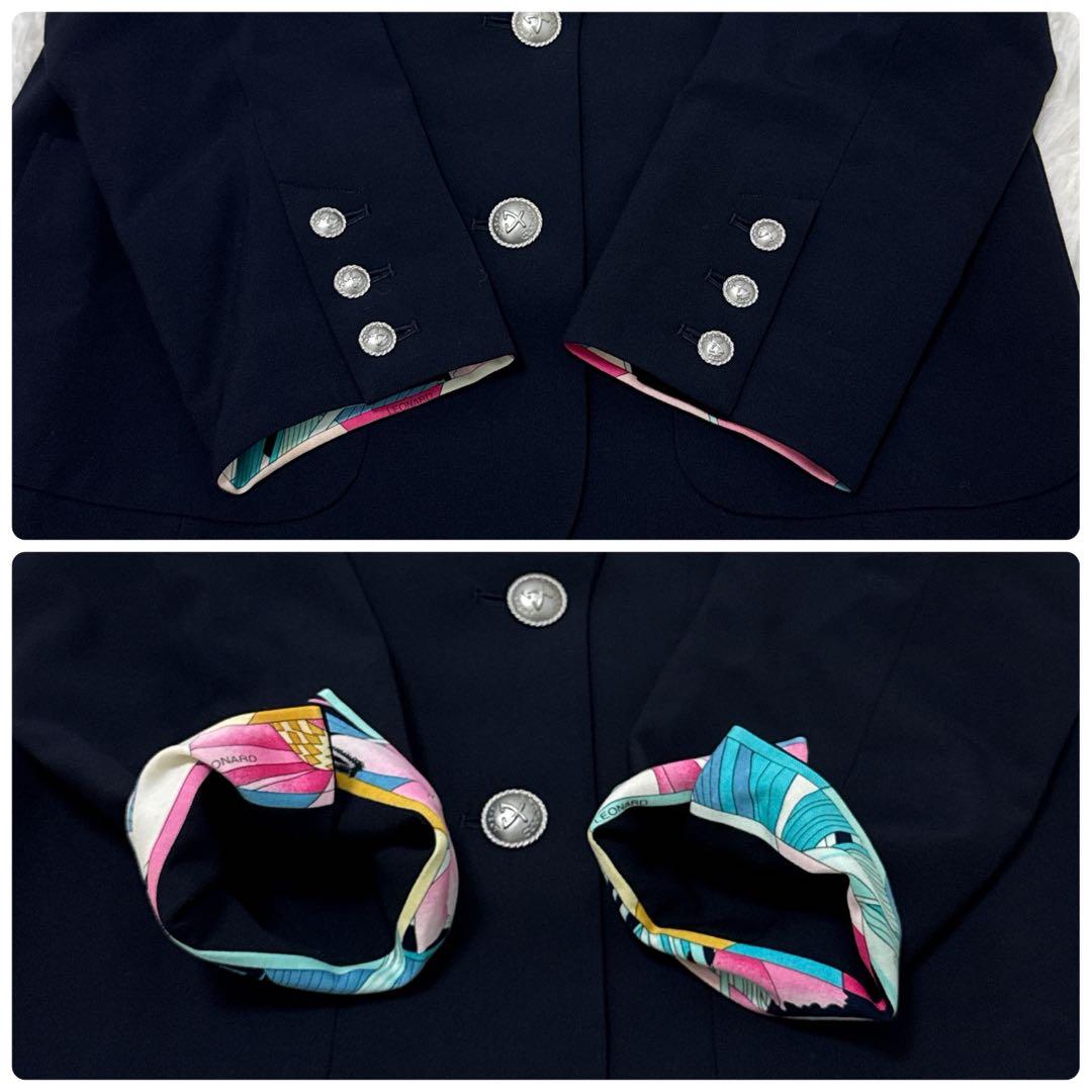 レオナール　テーラードジャケット　裏地総柄　花柄　大きいサイズ42 トリム　紺色