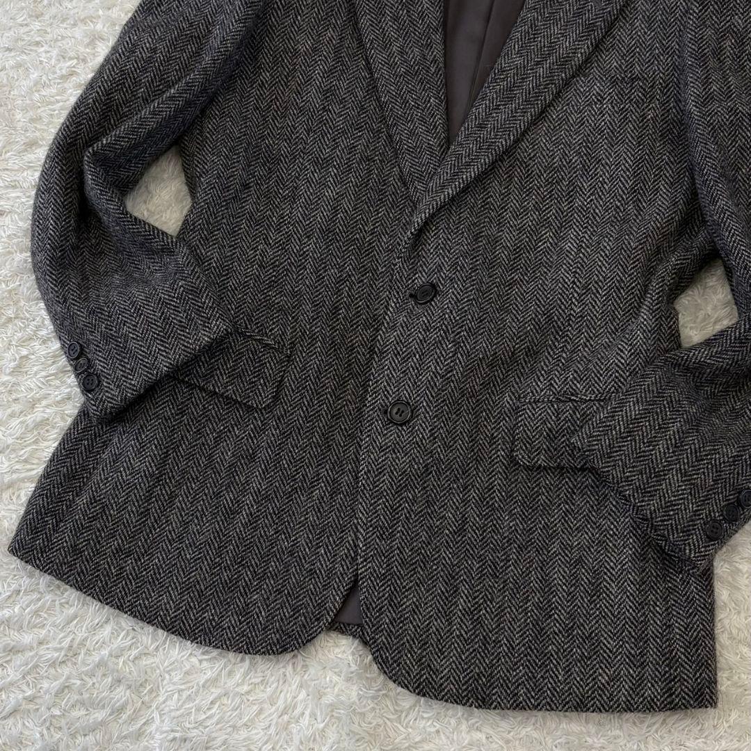 ハリスツイード テーラードジャケット 総柄 ヘリンボーン L チャコールグレー