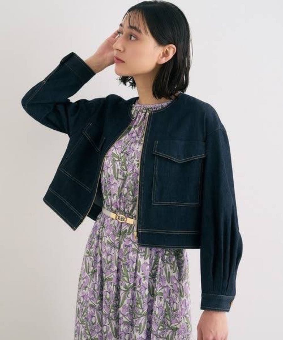 アナイ●極美品●22SS 近年モデル シルク混ノーカラーデニムジップブルゾン M