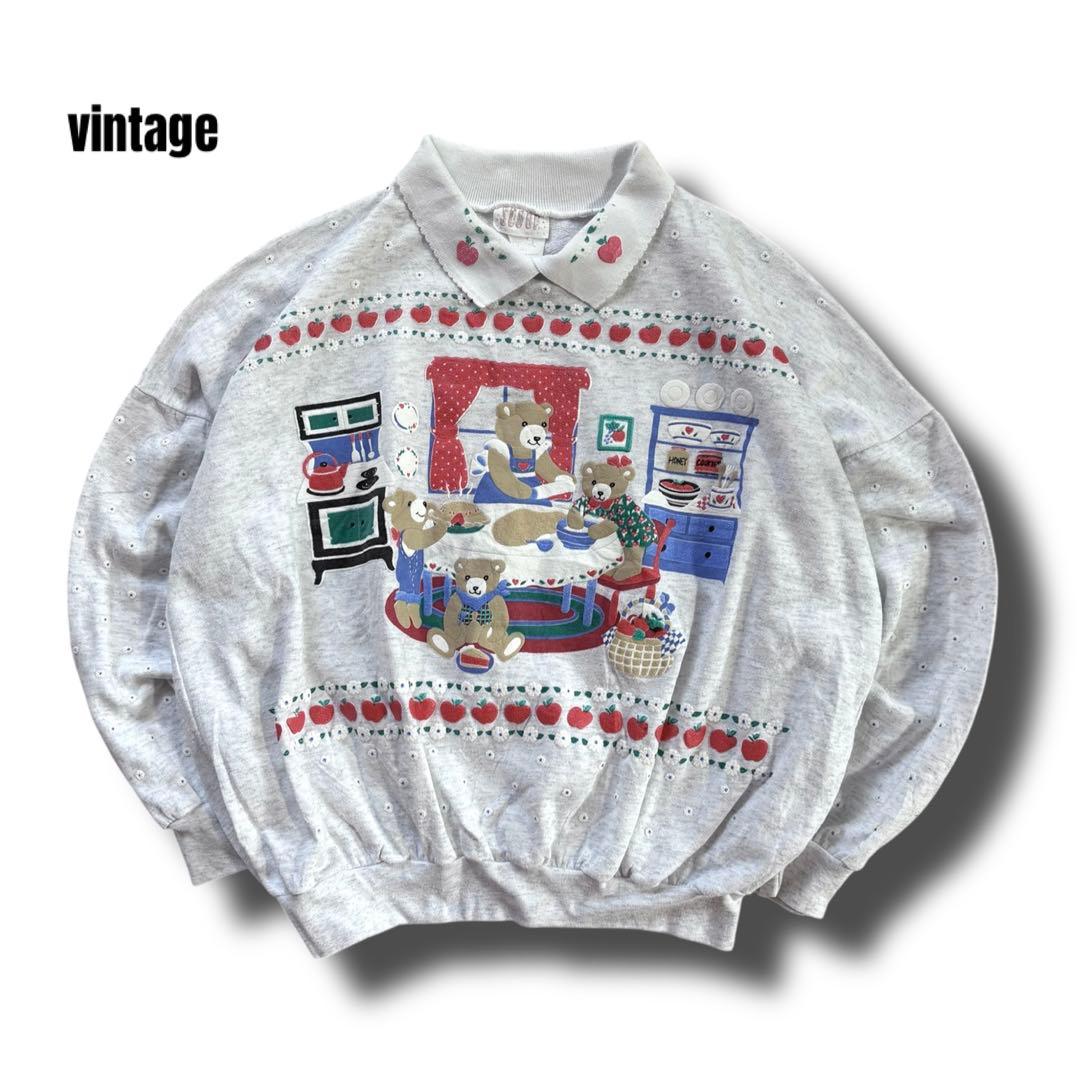 USAvintageアメリカ古着発泡プリントくまちゃんりんごお花襟付きスウェット