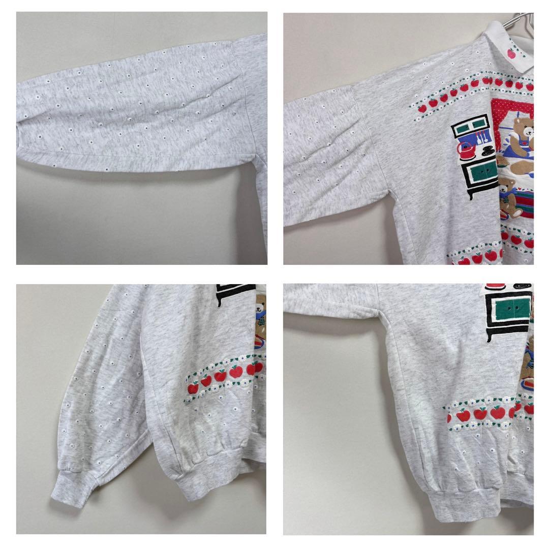 USAvintageアメリカ古着発泡プリントくまちゃんりんごお花襟付きスウェット