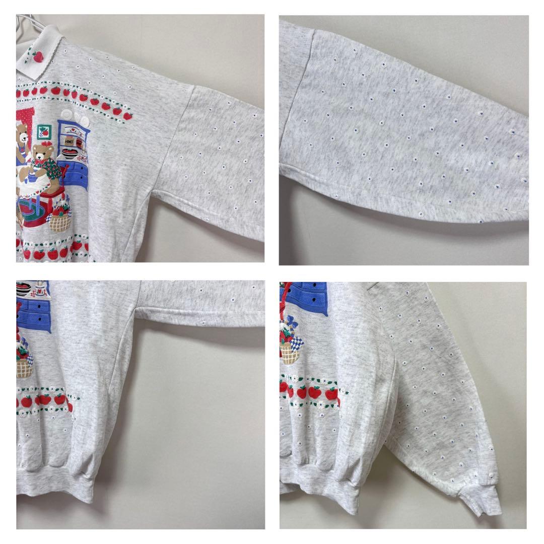 USAvintageアメリカ古着発泡プリントくまちゃんりんごお花襟付きスウェット