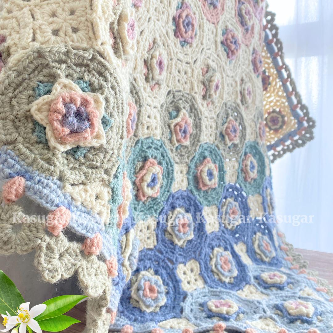Roselle モチーフ かぎ針 編み マルチカバー ひざかけ こたつカバー