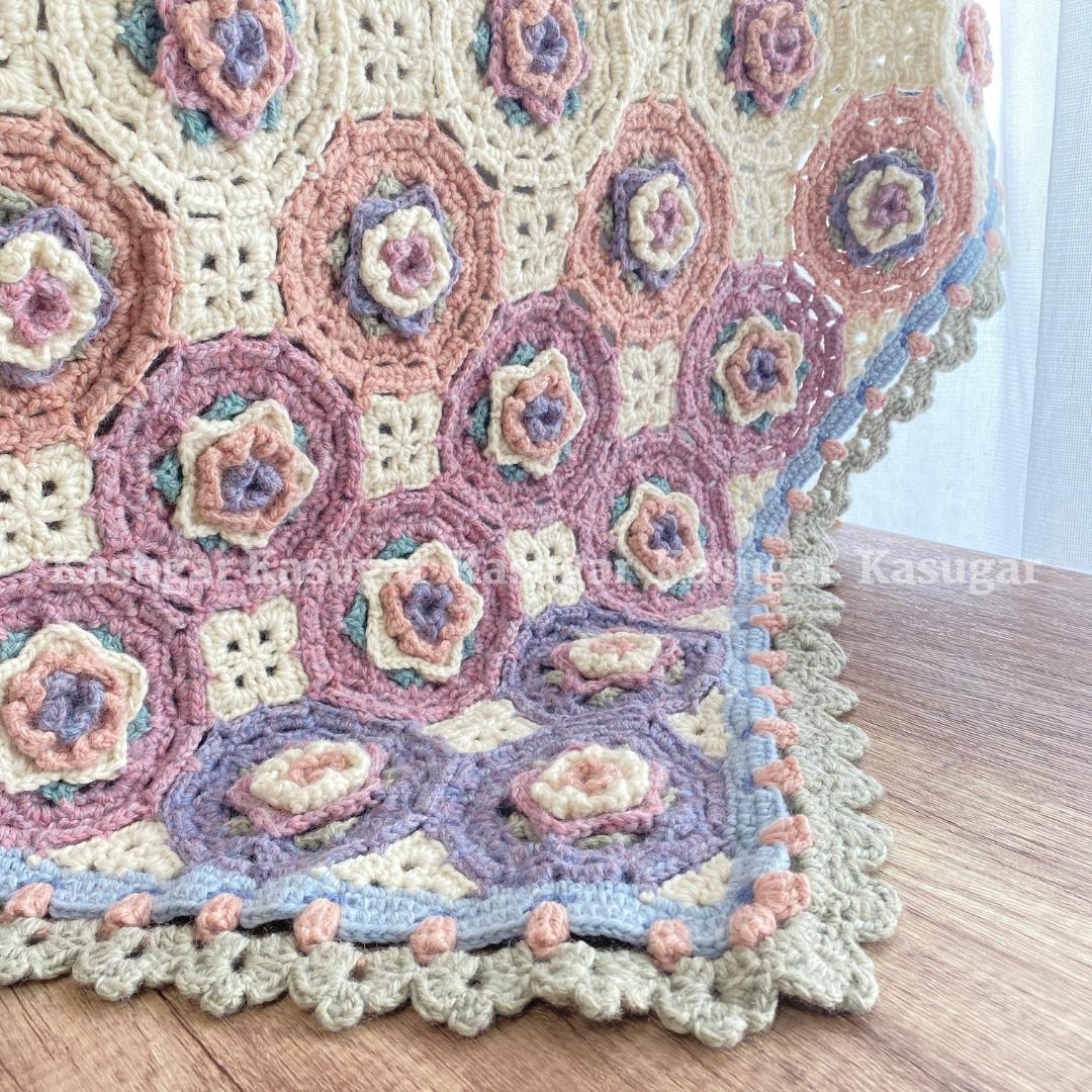 Roselle モチーフ かぎ針 編み マルチカバー ひざかけ こたつカバー