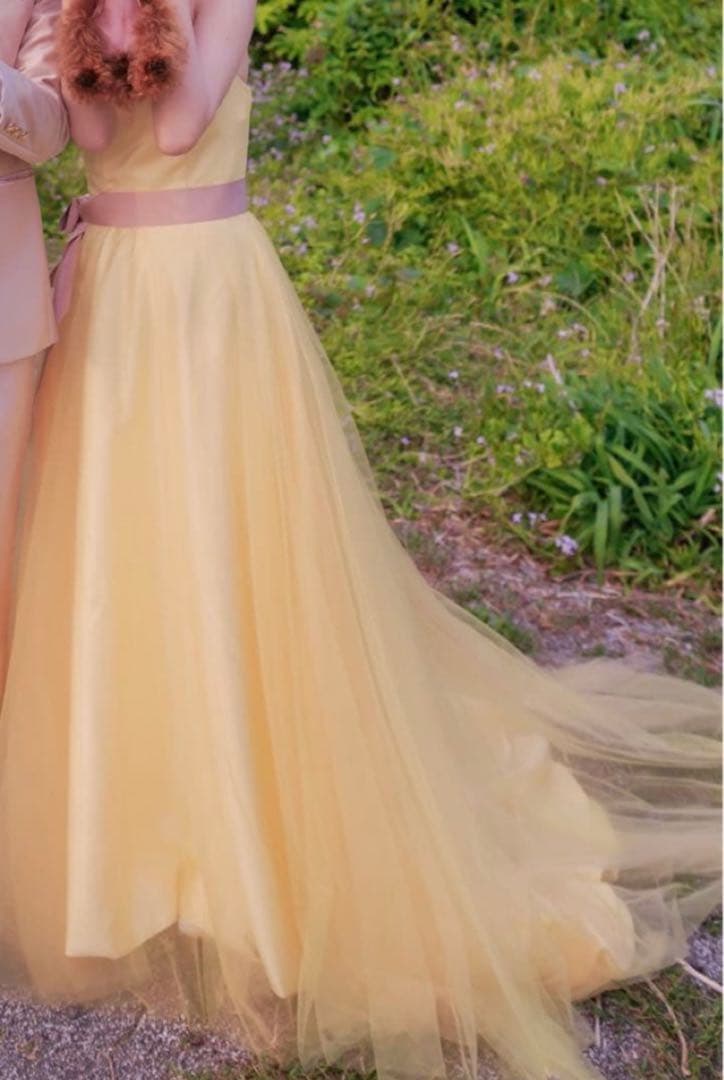 前撮り　ドレス　リボン付き　イエロードレス