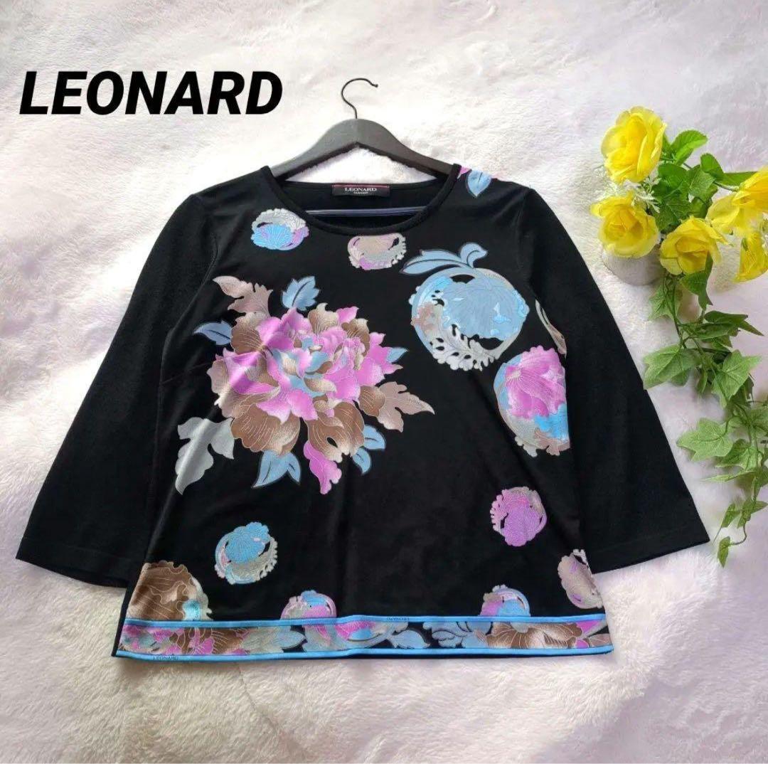 タイムセール【美品】レオナール　カンカン素材　黒　花柄　トリム　ピンク　水色40
