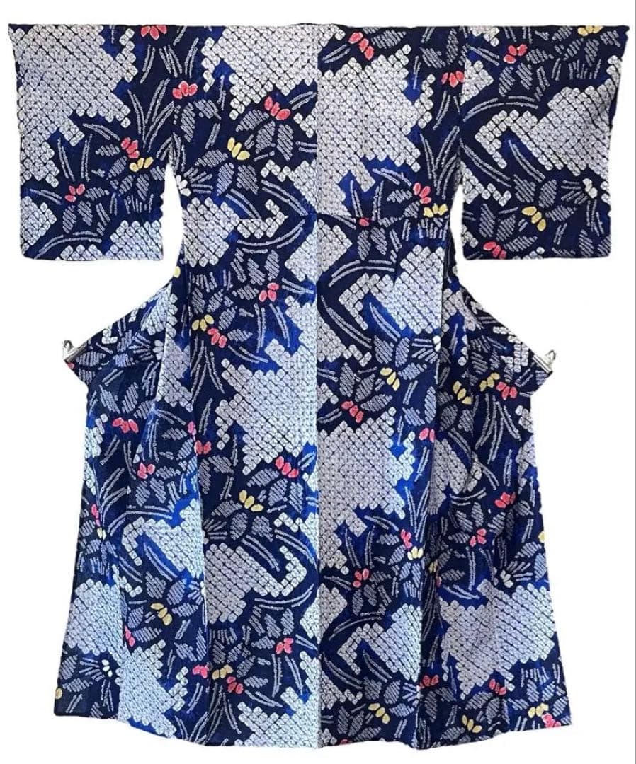 □夏涼浴衣　有松絞り　花柄　藍色　身丈約156.5cm