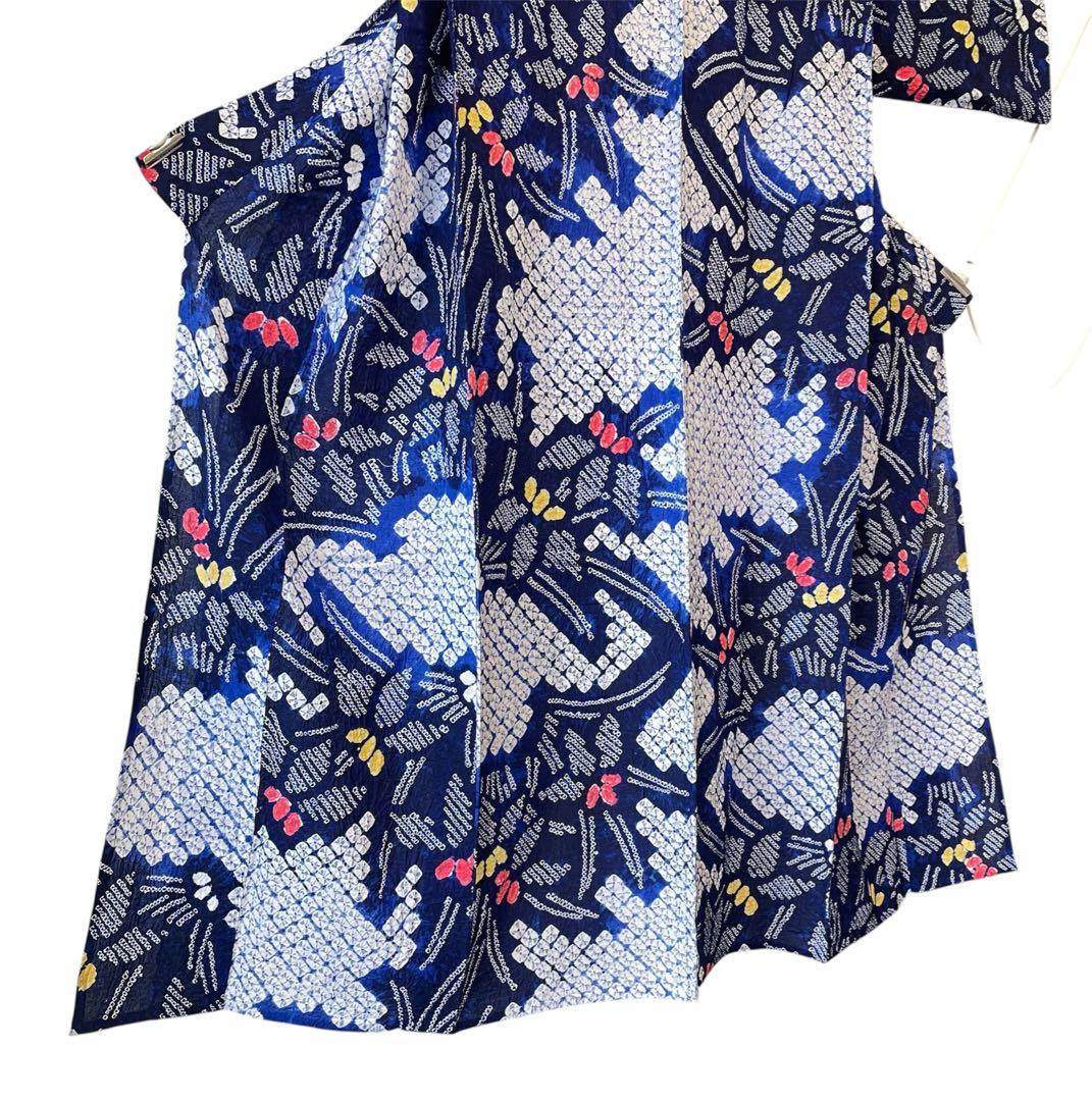 □夏涼浴衣　有松絞り　花柄　藍色　身丈約156.5cm