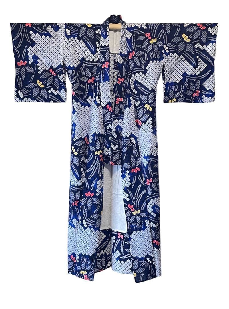 □夏涼浴衣　有松絞り　花柄　藍色　身丈約156.5cm