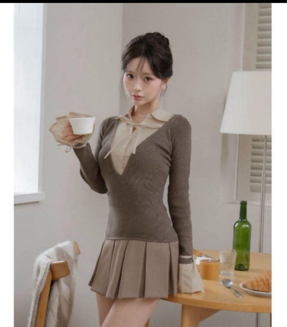 シャツドッキングプリーツミニワンピース　fl