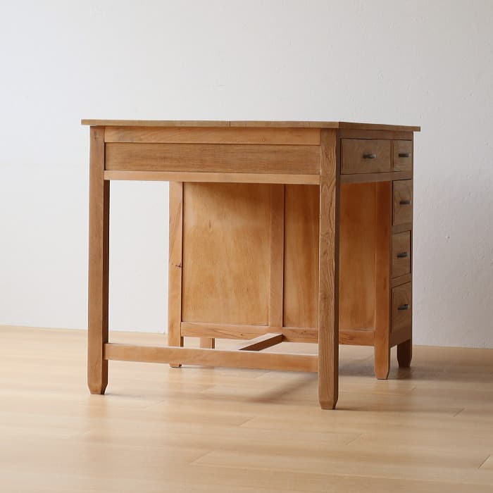 アンティーク タモ材 無塗装 片袖机 レトロ 無垢材 デスク 古家具