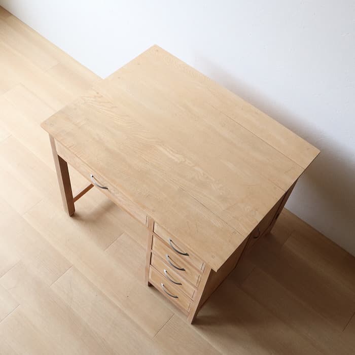 アンティーク タモ材 無塗装 片袖机 レトロ 無垢材 デスク 古家具