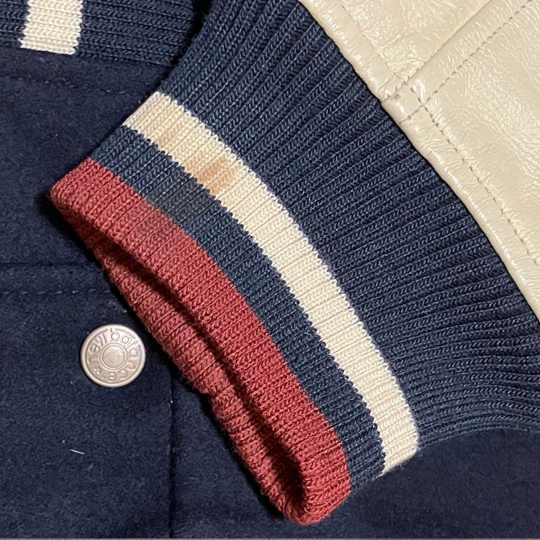 希少 ニューバランス 袖レザー スタジャン L ウール 豚革 刺繍ロゴ ネイビー