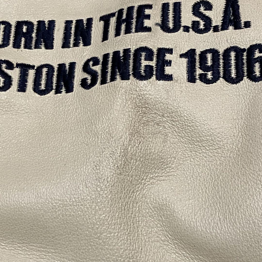 希少 ニューバランス 袖レザー スタジャン L ウール 豚革 刺繍ロゴ ネイビー