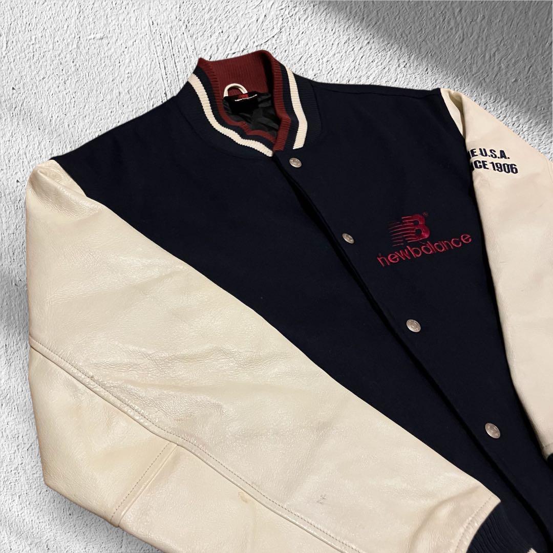 希少 ニューバランス 袖レザー スタジャン L ウール 豚革 刺繍ロゴ ネイビー