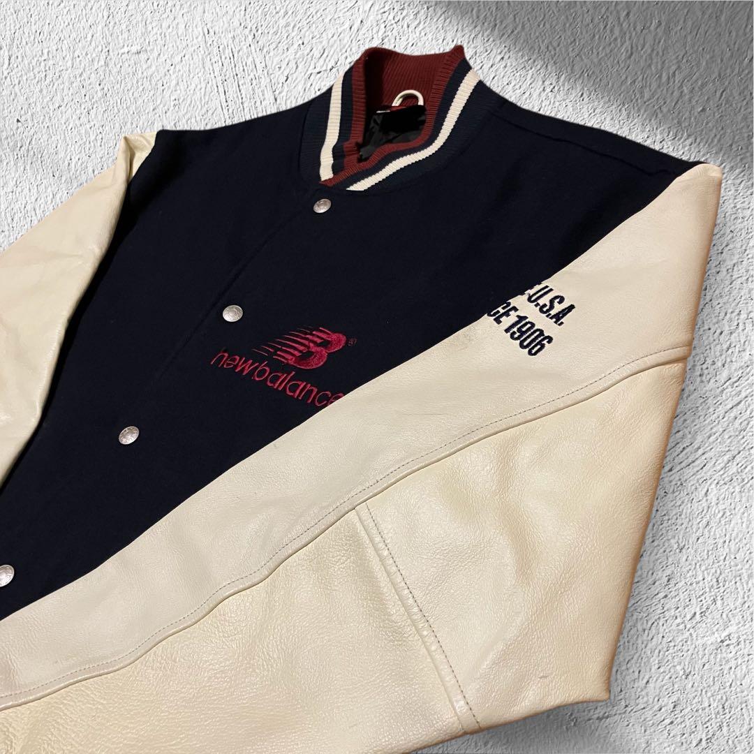 希少 ニューバランス 袖レザー スタジャン L ウール 豚革 刺繍ロゴ ネイビー