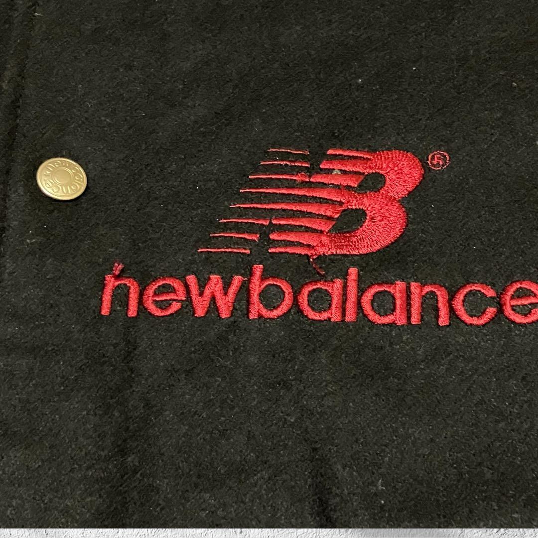 希少 ニューバランス 袖レザー スタジャン L ウール 豚革 刺繍ロゴ ネイビー