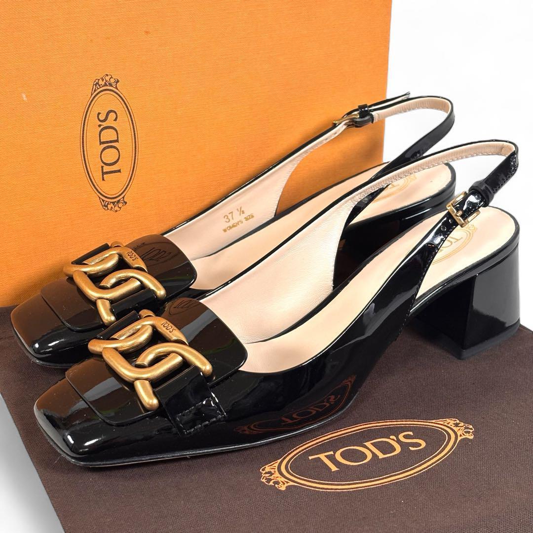 美品 トッズ 37 1/2 24.5 ケイト エナメル ミュール ブラック 黒