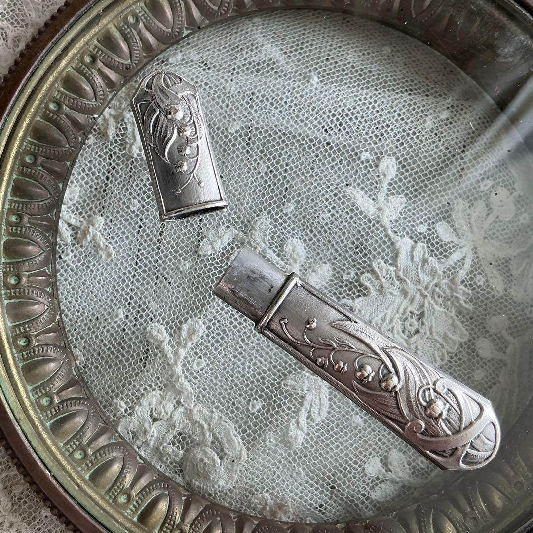 フランスアンティーク　すずらん　ニードルケース＆目打ち　シルバープレート　鈴蘭